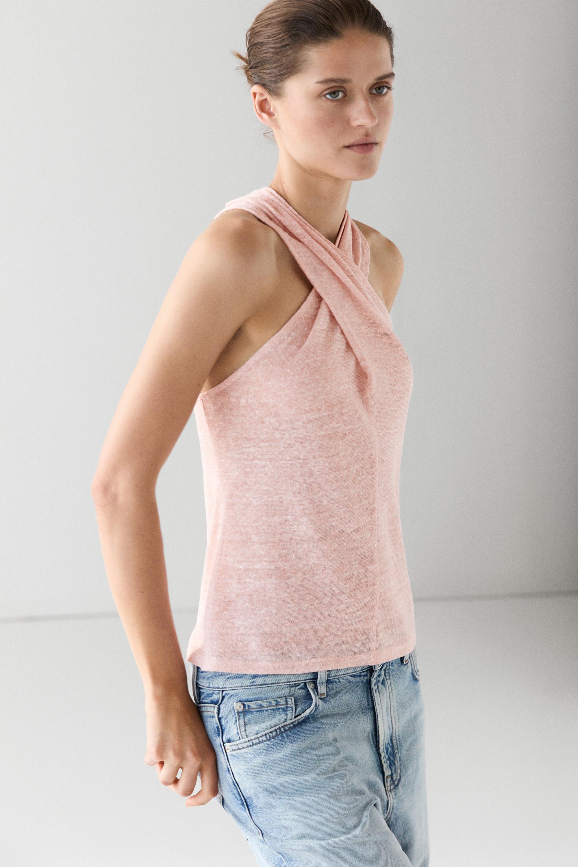 Linen blend top with surplice neckline